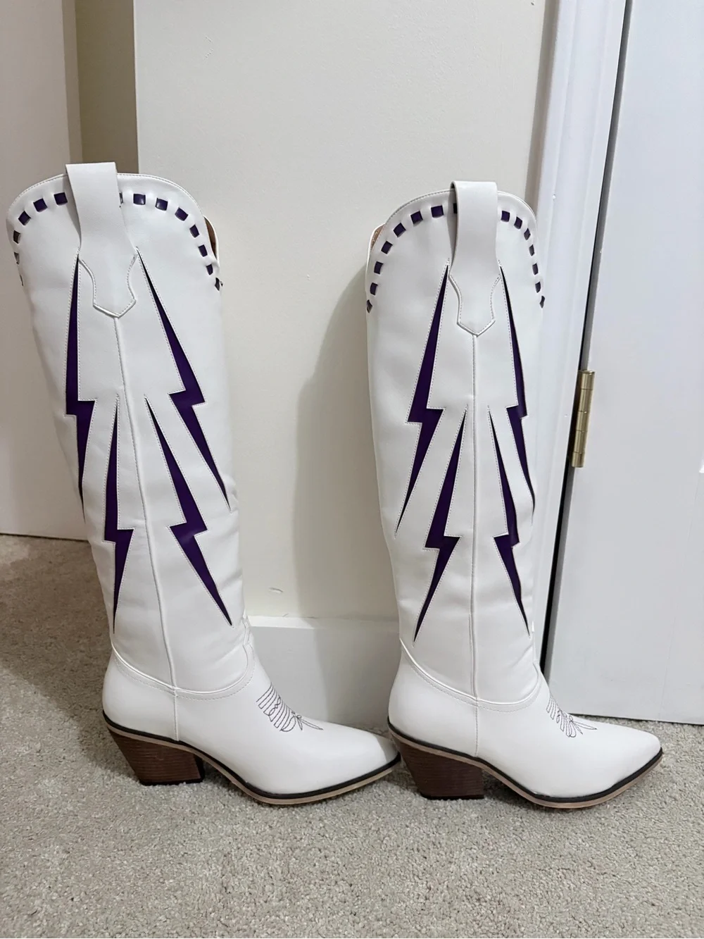 White Western Boots with Purple Lightning Accent a perfect for GAMEDAY